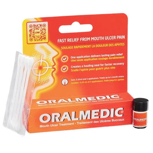 Pharmacist recommending ORALMEDIC mouth ulcer treatment to a patient